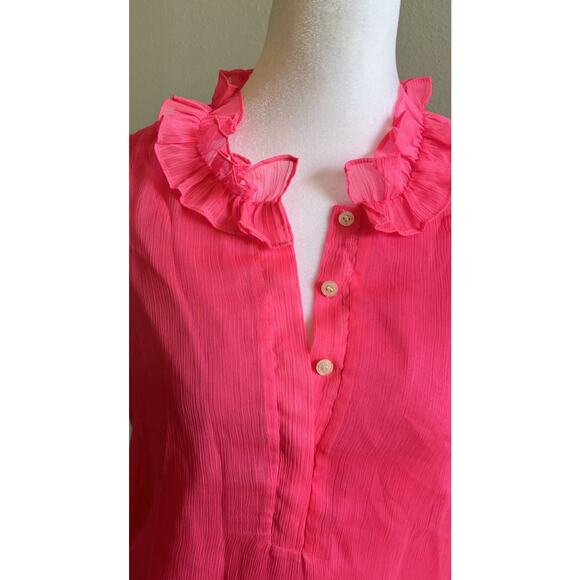 J. Crew Top XS Ruffles Sleeveless Neon Pink Barbie Sheer Summer Shirt 00 Office - Picture 3 of 8